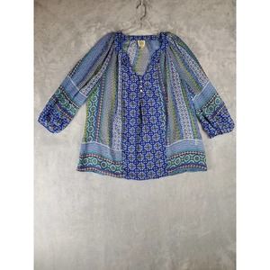 Fig and Flower Anthropologie Womens Blouse Multicolor 1X Geometric Print Sheer
